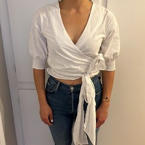 White Babaton Crop Top w/ Balloon Sleeves